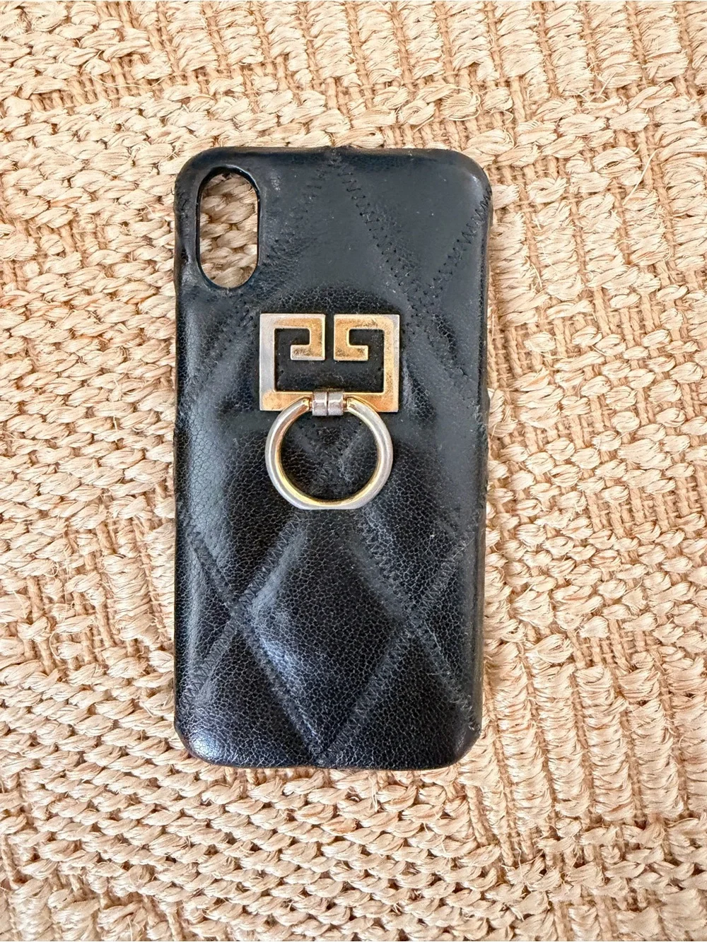 Givenchy Designer-Style Black Quilted Leather Phone Case with Gold Ring Accent